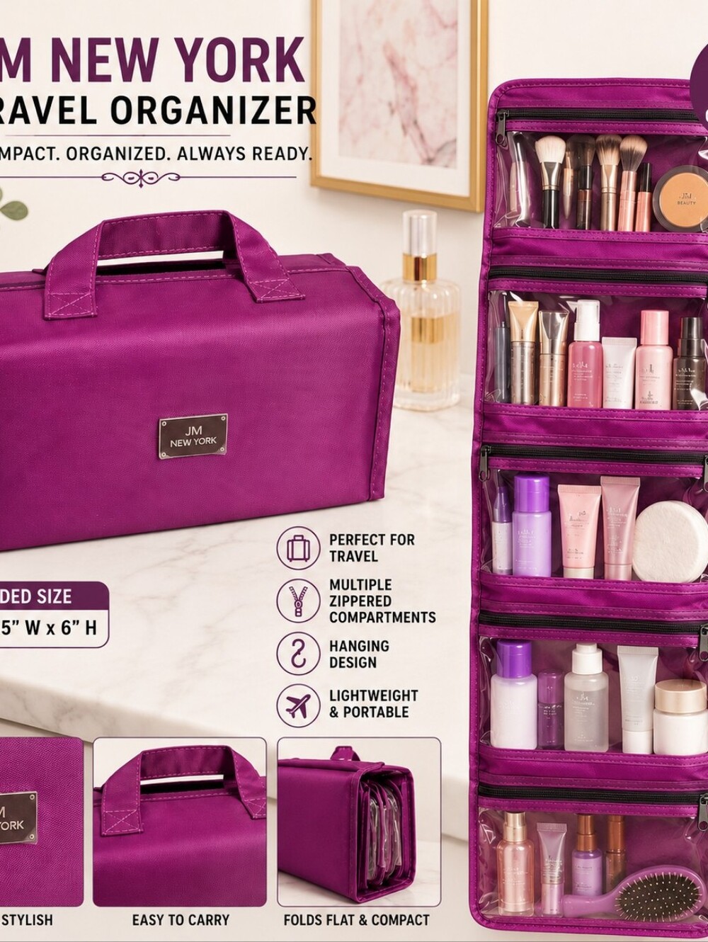 JM New York Fuchsia Foldable Hanging Travel Organizer